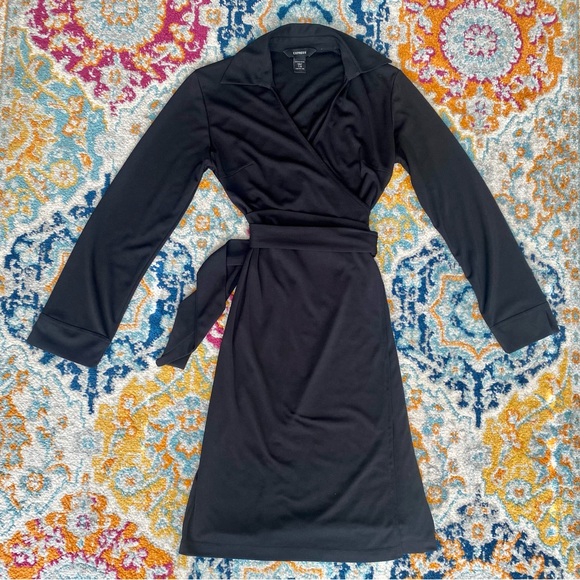 SOLD! Express Black Long Sleeve Collared V-Neck Tie Wrap Midi Dress 7/8 - Picture 6 of 16
